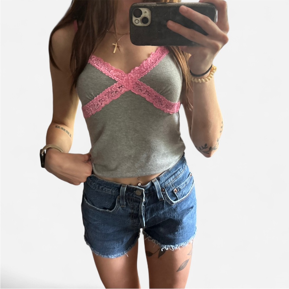*SOLD on MERCARI* Y2K PINK Victoria's Secret Gray Tank Top with Pink Lace